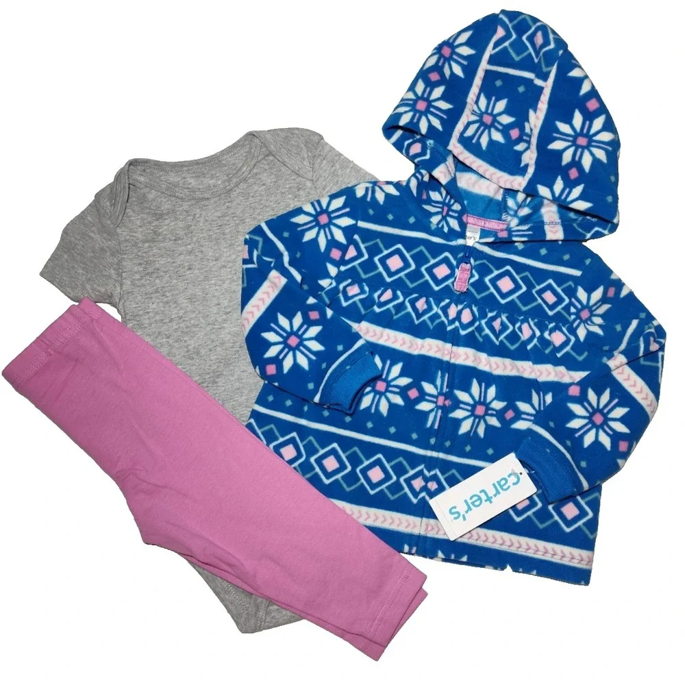 Carter's Baby Girl 12 Mos Dress 3pc Outfit Lot Leggings Fleece Hooded Jacket NWT